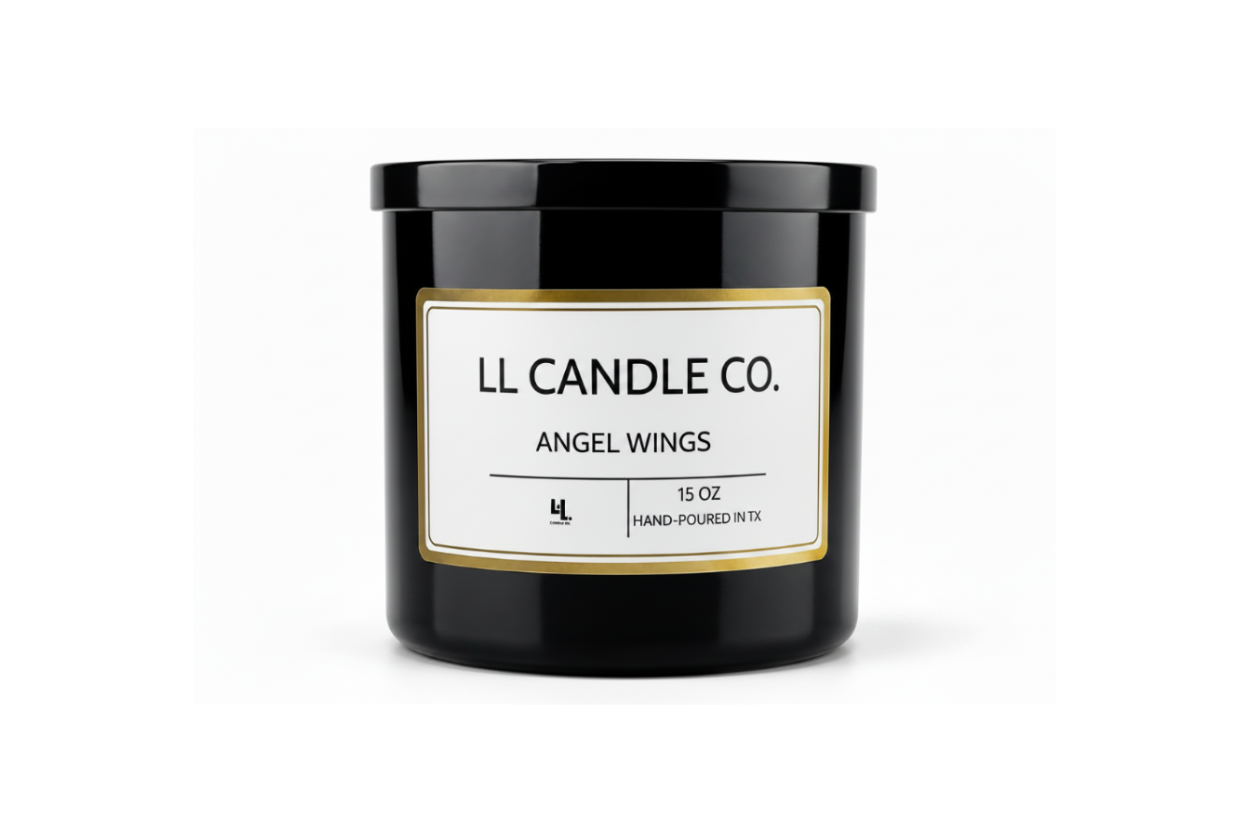 A black glass jar candle with a black lid and a white label featuring gold borders. The label reads 'LL CANDLE CO.