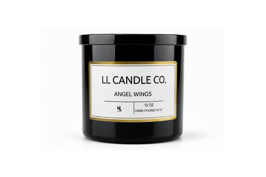 A black glass jar candle with a black lid and a white label featuring gold borders. The label reads 'LL CANDLE CO.
