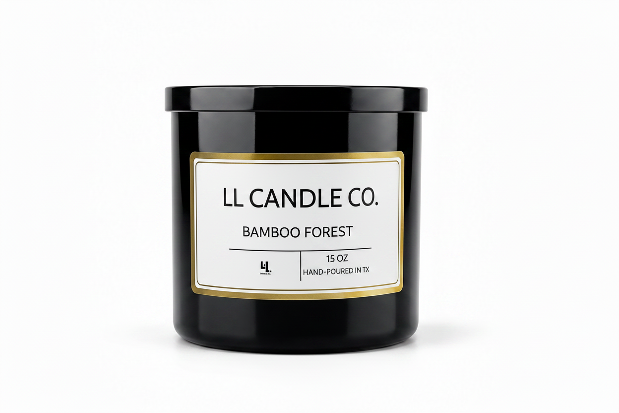 A black glass jar candle with a white label and gold border, reading 'LL CANDLE CO. BAMBOO FOREST' on a clean white background.