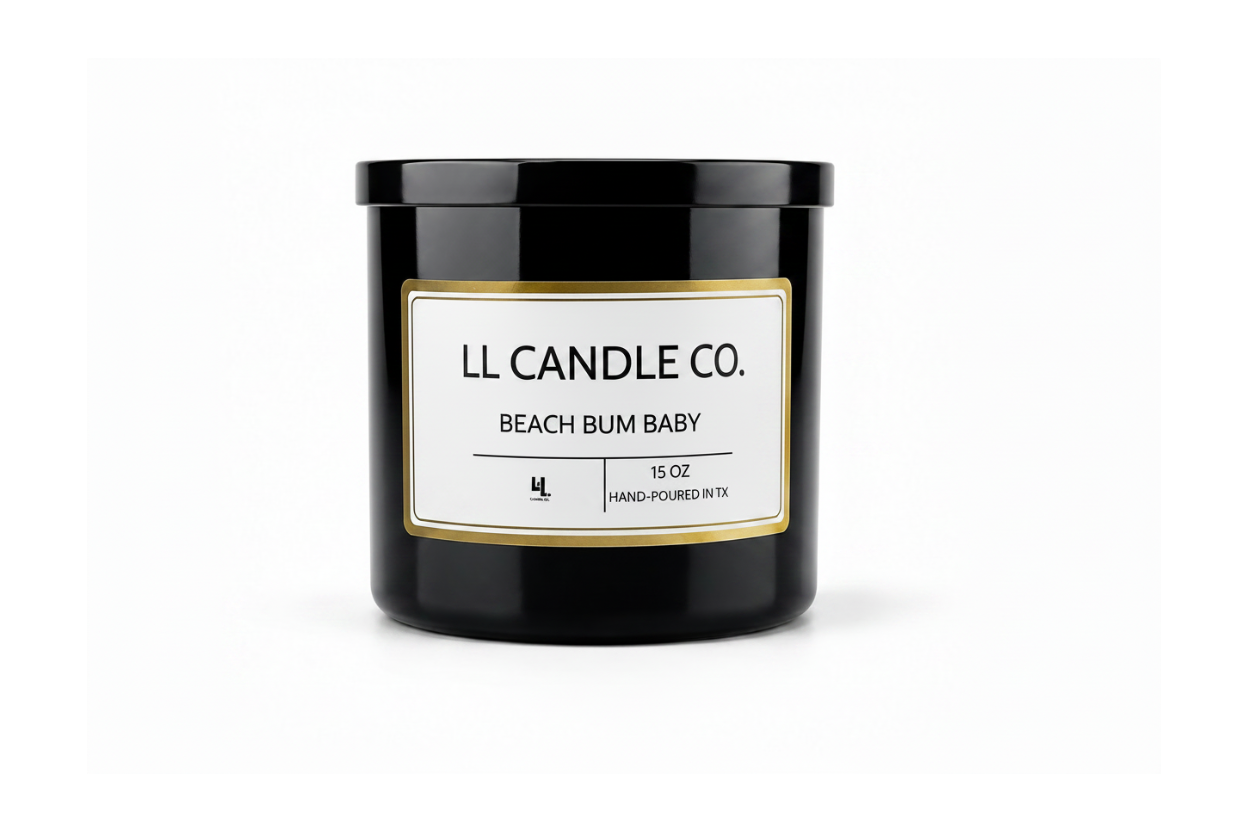 A 15 oz hand-poured soy candle in a matte black glass jar by LL Candle Co., featuring a white label with a gold border and black text on a clean white background.