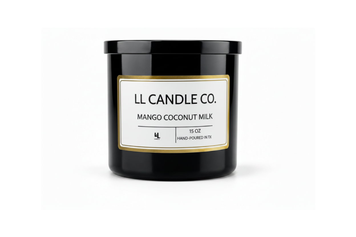 A black glass jar candle with a black lid and a white label featuring gold borders. The label reads 'LL CANDLE CO.
