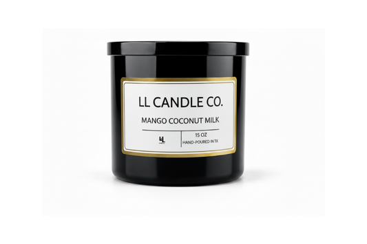 A black glass jar candle with a black lid and a white label featuring gold borders. The label reads 'LL CANDLE CO.