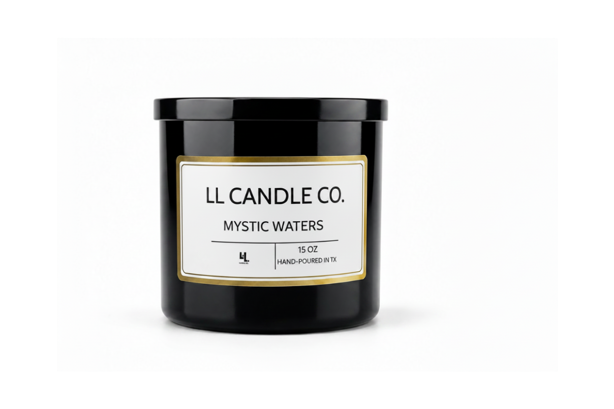 A black glass jar candle with a white label and gold border, featuring the brand name 'LL CANDLE CO.' and scent name 'MYSTIC WATERS' on a clean white background.
