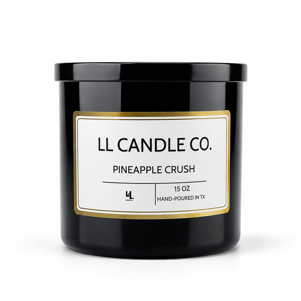A black glass jar candle with a white label and gold border, reading 'LL CANDLE CO. PINEAPPLE CRUSH' on a clean white background.