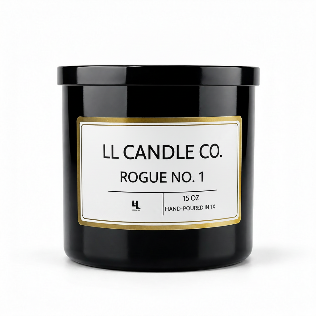 A black glass jar candle with a white label and gold border, reading 'LL CANDLE CO. ROGUE NO. 1' on a clean white background.