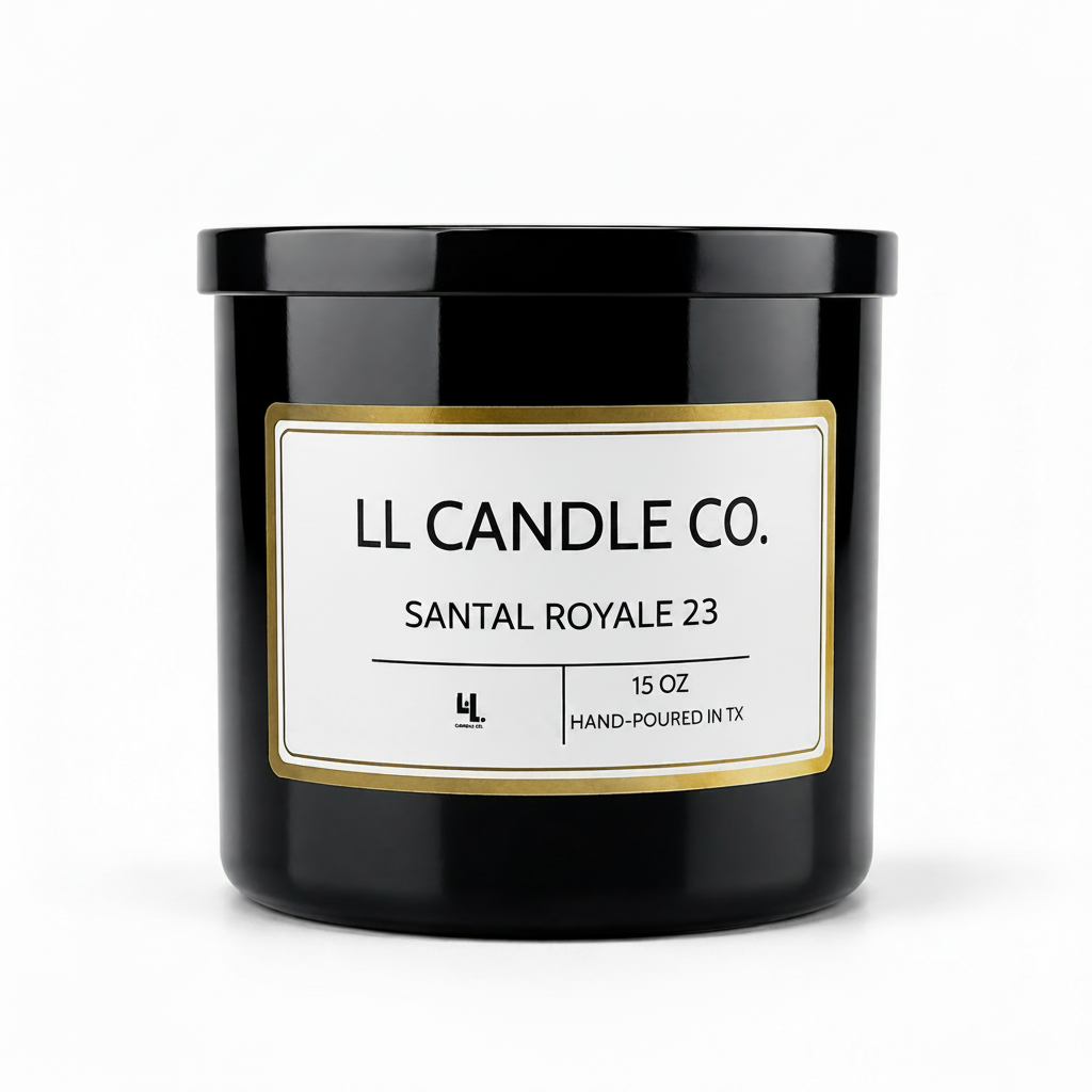 A black glass jar candle with a white label and gold border, reading 'LL CANDLE CO. SANTAL ROYALE 23' on a clean white background.