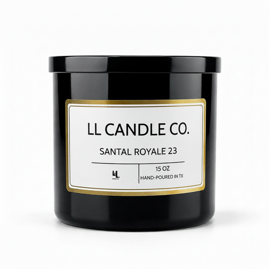 A black glass jar candle with a white label and gold border, reading 'LL CANDLE CO. SANTAL ROYALE 23' on a clean white background.