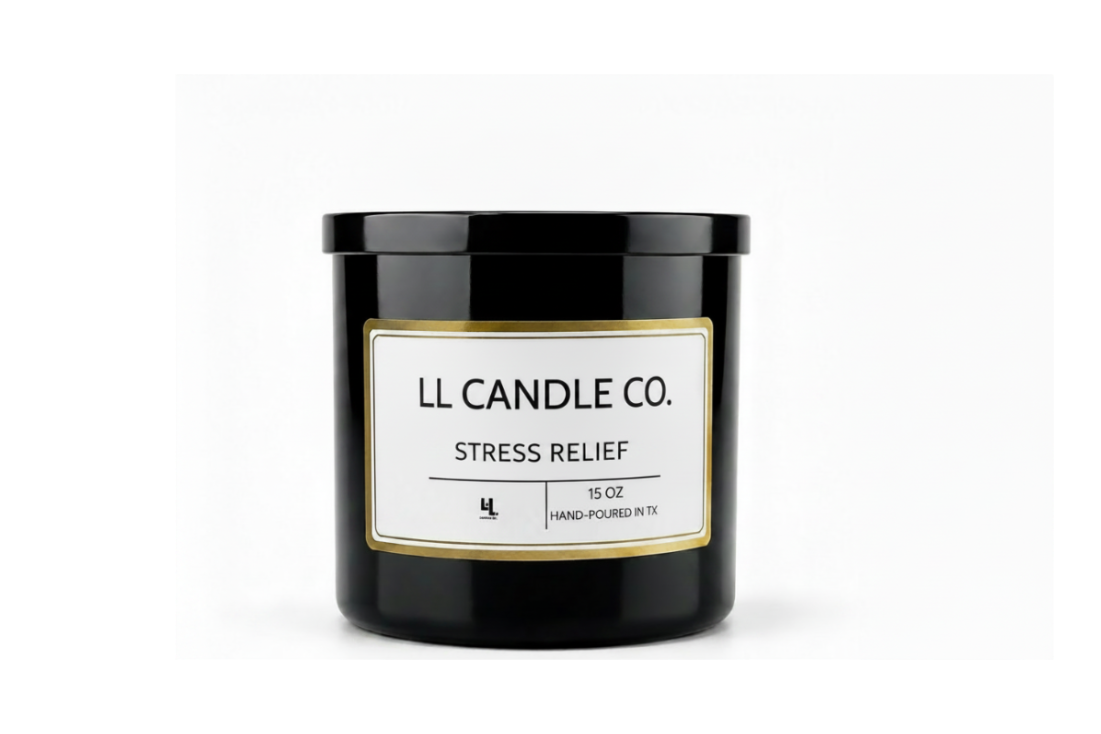 A black glass jar candle with a white label and gold border, labeled 'LL CANDLE CO. STRESS RELIEF' on a clean white background.