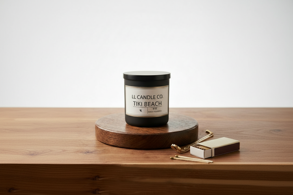 A black jar candle with a cream label reading 'LL CANDLE CO. TIKI BEACH' sits on a round wooden coaster on a wooden tabletop, with a matchbox and matches beside it against a clean white background.