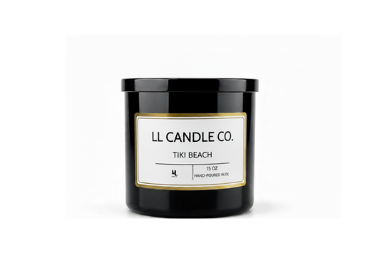 A black glass jar candle with a white label and gold border, reading 'LL CANDLE CO. TIKI BEACH' on a clean white background.