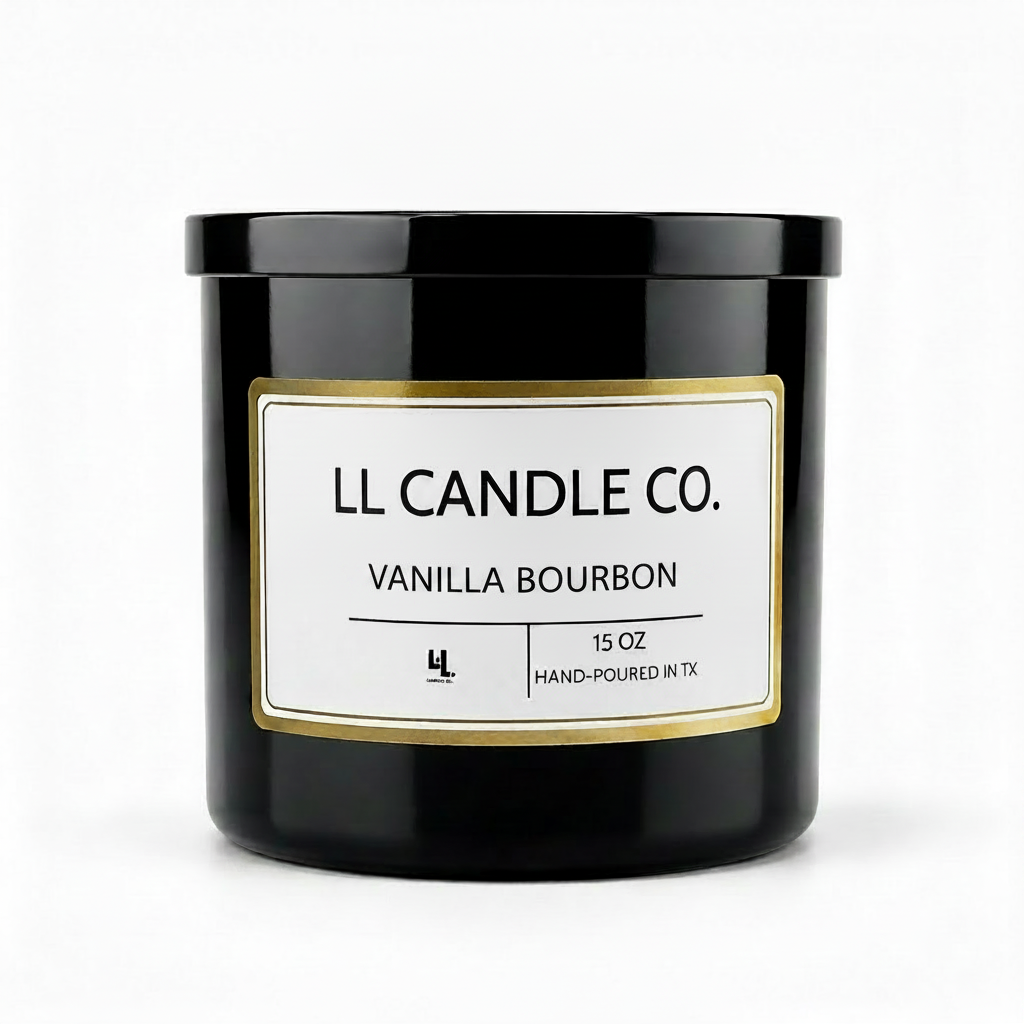 A black glass jar candle with a white label and gold border, labeled 'LL CANDLE CO. VANILLA BOURBON' on a clean white background.