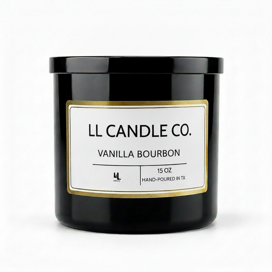 A black glass jar candle with a white label and gold border, labeled 'LL CANDLE CO. VANILLA BOURBON' on a clean white background.