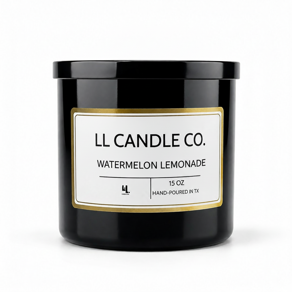 A black glass jar candle with a white label and gold border, reading 'LL CANDLE CO. WATERMELON LEMONADE' on a clean white background.