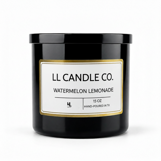 A black glass jar candle with a white label and gold border, reading 'LL CANDLE CO. WATERMELON LEMONADE' on a clean white background.
